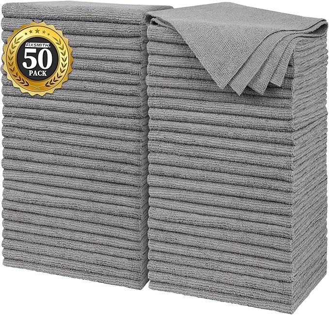 FIXSMITH Grey Microfiber Cleaning Cloth, Pack of 50, 16"X12" Cleaning Rags for Housekeeping and Kitchen, Reusable Shop Towels, Microfiber Towels for Cars, Lint Free, Scratch-Free, Highly Absorbent
