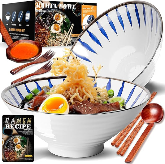 8-Inch Large Ceramic Ramen Bowl Set of 2 (9 Piece) - Microwave & Dishwasher Safe Porcelain Japanese Salad Noodles Cereal Fruit Pasta Soup Bowls with Recipes Chopsticks Forks Spoons for Men Women Gift