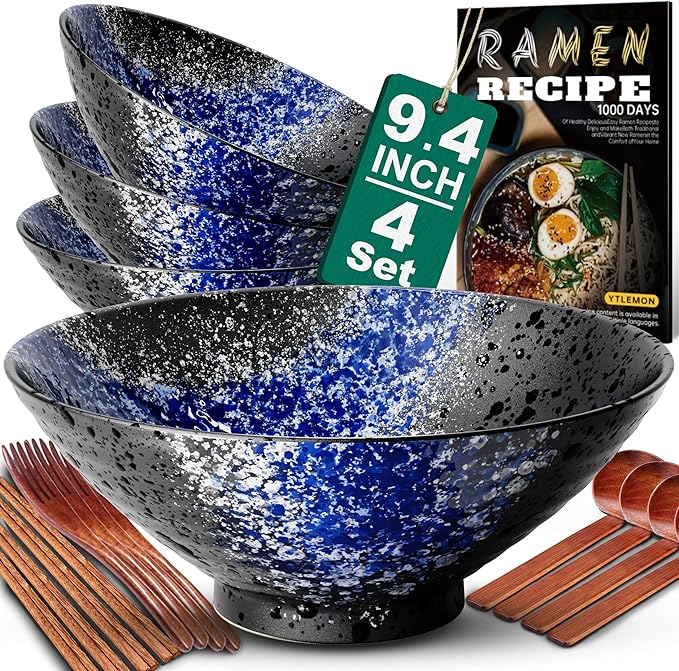 9.4Inch Ceramic Ramen Bowl Set of 4 (17 Piece) - Porcelain Japanese Salad Noodles Cereal Fruit Pasta Soup Large Bowls with Recipes Chopsticks Forks Spoons for Men Women Gift Microwave Dishwasher Safe