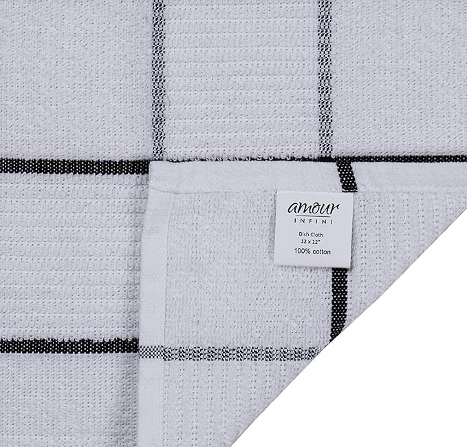 AMOUR INFINI Dish Cloths for Washing Dishes Set of 8 - Highly Absorbent, Super Soft Kitchen Dishcloths - Reusable Quick Dry Dish Rags for Cleaning & Drying Kitchen Linens (12x12 Inch - Black)