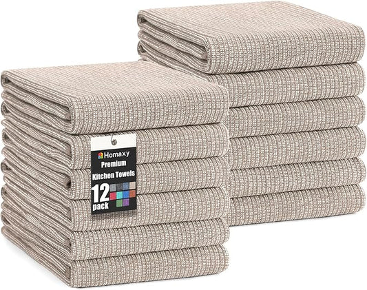 Homaxy Premium Kitchen Towels(18”x 28”, 12 Pack), Large Cotton Kitchen Hand Towels, Flat and Terry Dish Towels, 380 GSM Highly Absorbent Tea Towel Set with Hanging Loop, Khaki