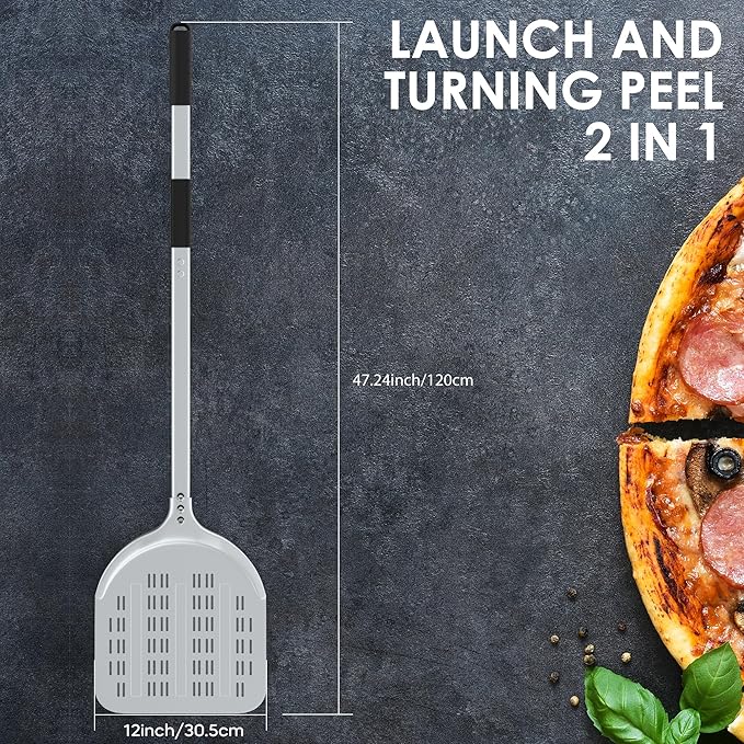 Pizza Peel – 12'' Extra Long Aluminum Perforated Launch Placement Retrieving Peel – Metal Hanging Hook – Lightweight Turning Peel – Non-stick Pizza Paddle – Outdoor Pizza Oven Accessories