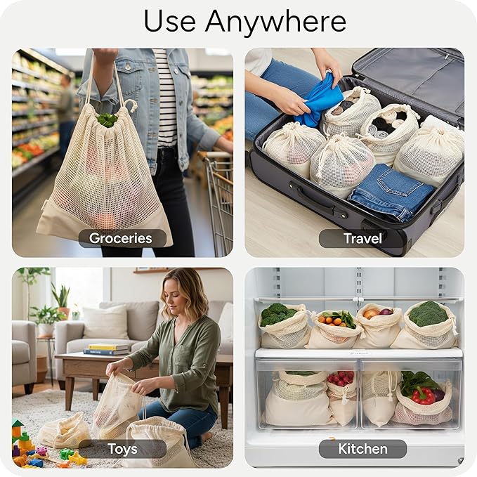 LEAFICO Reusable Produce Bags – 100% Cotton Mesh & Solid Hybrid (Medium 10x12 inch 6 Pcs) – Reusable Grocery Bags for Apples, Carrots, Bulk Vegetables – Washable, Plastic-Free, Breathable, Zero Waste