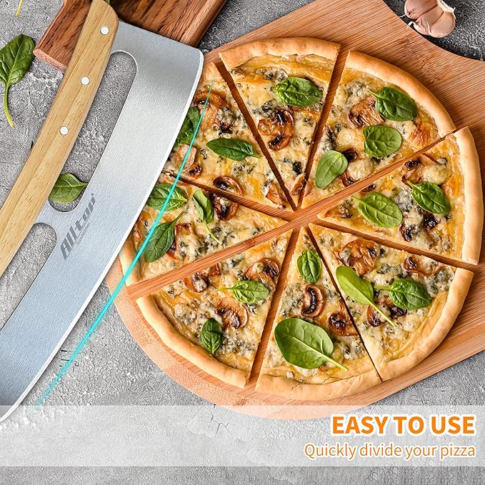 ALLTOP Pizza Cutter Rocker - High Performance Stainless Steel Slicer Blade with One-Piece Wooden Handle - Efficient and Durable Pizza Accessory - Perfect Kitchen Tool for Home Cooking and Restaurant