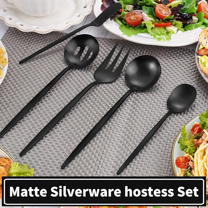 Matte Black Serving Silverware Set, 5-Piece Round Shared Utensils Set of Stainless Steel, Hostess Flatware Serving Set, Satin Finish, Dishwasher Safe