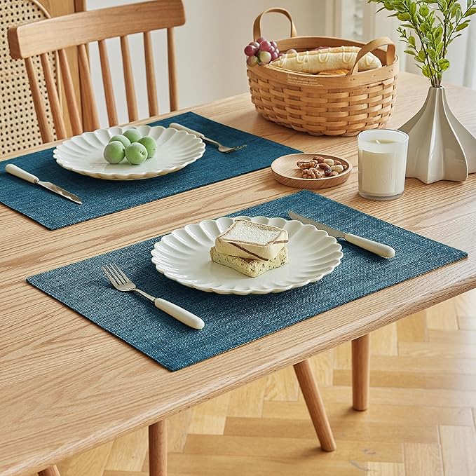 Softalker Faux Linen Placemats Set of 6-12 x 18 Inch, Heat Resistant Double Layered Durable Burlap Farmhouse Place Mats, Non-Slip Washable Rustic Table Mats for Dining, Kitchen, Party（Teal