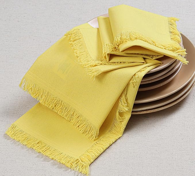 Bedding Craft Cotton Cloth Dinner Napkins Set of 12 – 18x18 Golden Kiwi Yellow with Fringed Corners – Machine Washable Fabric Napkins for Weddings, Baby Showers & Everyday Dining
