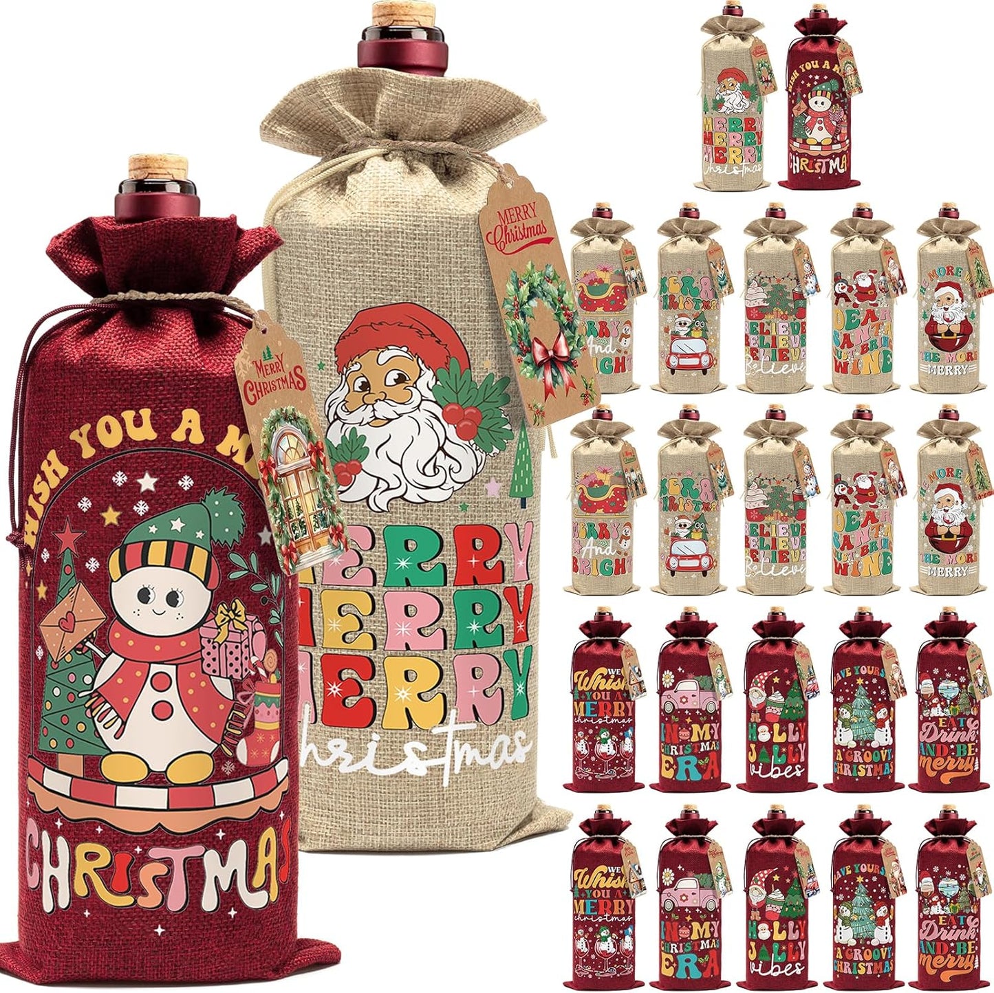 Aoonby 24PCS Burlap Wine Bags Christmas Wines Gift Bag, Drawstring Retro Christmas Bottle Cover Gift Bag w/Tag, Reusable Wines Bags for Bottles Gifts Wine Bottle Covers for Xmas Holiday Party Decor