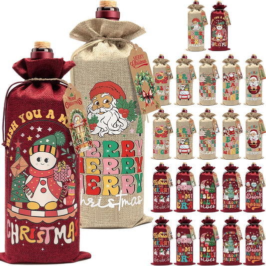 Aoonby 24PCS Burlap Wine Bags Christmas Wines Gift Bag, Drawstring Retro Christmas Bottle Cover Gift Bag w/Tag, Reusable Wines Bags for Bottles Gifts Wine Bottle Covers for Xmas Holiday Party Decor