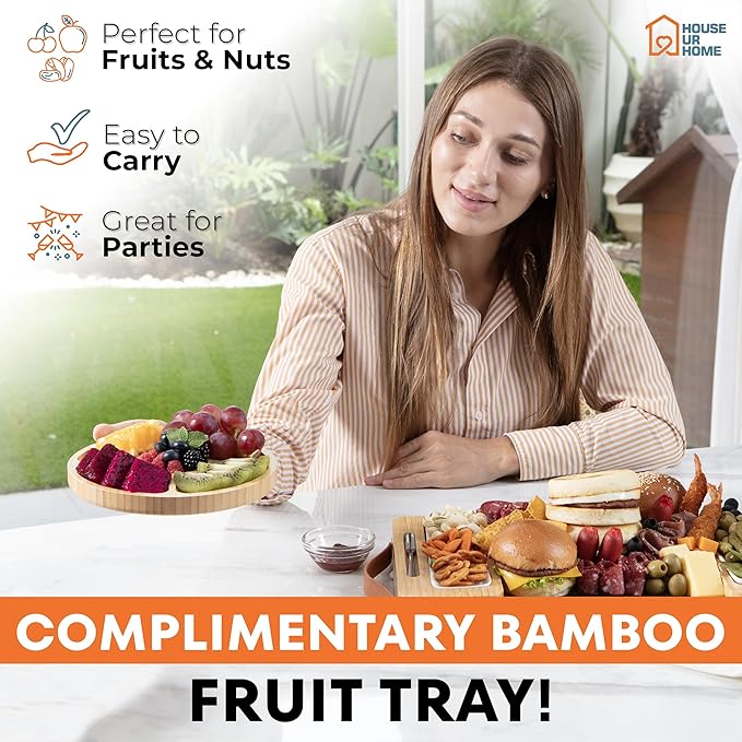 Bamboo Charcuterie Boards Gift Set with Magnetic Removable Side Trays, Fruit Tray, Handles, Cutlery-Ready Box & House Warming Gifts New Home