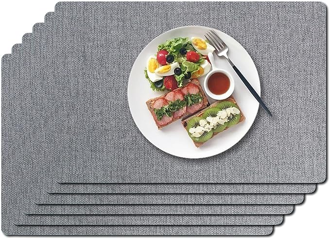 Vinyl Placemats Set of 6-12×17.7 Inch Waterproof & Heattable Placemats, Fall Faux Leather Wipeable Outdoor Table Mat for Dining, Kitchen, Indoor Outdoor Use (Grey, Linen Texture)