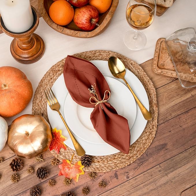 Blue Needles Set of 12 Hemstitch Linen Napkins 100% Cotton Rust Cloth Dinner Napkins 18x18 inches, Soft, Reusable, Absorbent, Washable, Ideal for Fall Thanksgiving Events, Parties & Everyday Use