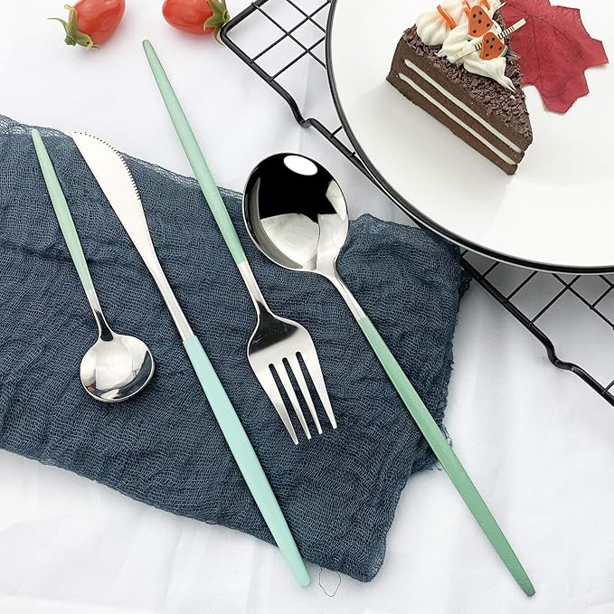 JASHII Flatware Serving Set 24 Piece, Stainless Steel Silverware Set, Mint Green Silver Cutlery Set, Modern Elegant Tableware Set for Party, Christmas, Dinner (Mint Green Silver)