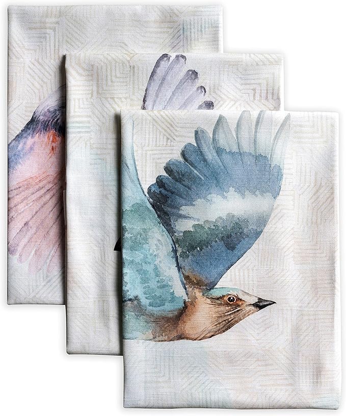 Maison d' Hermine Kitchen Towels Set of 3 100% Cotton 27.50" x 20" Reusable Cloth Tea Dish Towels Absorbent with Hanging Loop for Kitchen, Home, Dining, Cocktail Parties Spring/Summer (Flying Birds)