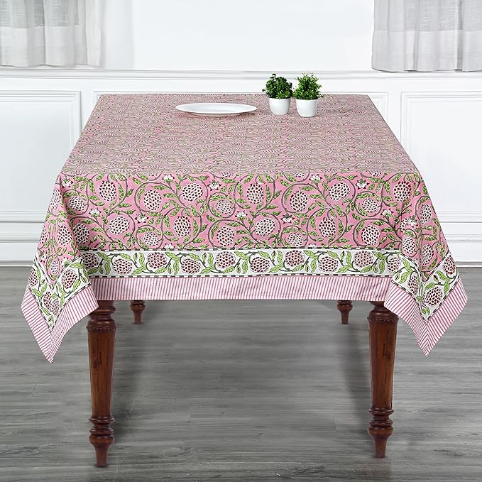 Ridhi Strawberry Pink Hand Block Print Cotton Rectangle Tablecloth 140 x 72 inch-Reusable Table Cover Decorative Everyday Use for Dining Room, Farmhouse, Thanksgiving, Christmas Wedding, Fall