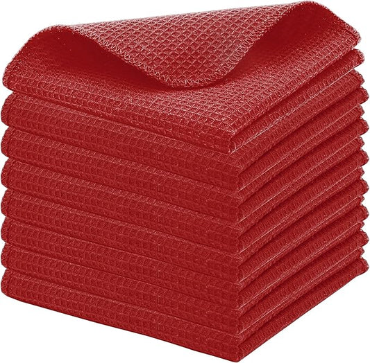 PurpleEssences Dish Cloths and Dish Rags - 8 Pack Waffle Weave Solid Kitchen Dish Wash Cloths, 100% Cotton, 12 x 12 Inches, Ultra Soft Absorbent Quick Drying - Christmas Holiday Winter - Red