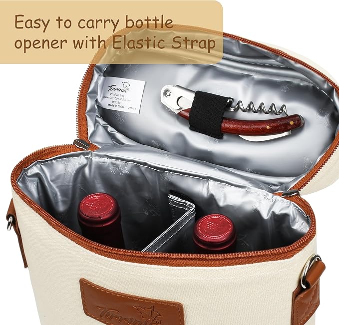 Tirrinia 2 Bottle Wine Gift Tote Carrier - Leakproof & Insulated Padded Versatile Wine Cooler Bag for Travel, BYOB Restaurant, Wine Tasting, Party, Dinner,Gift for Wine Lovers, Beige