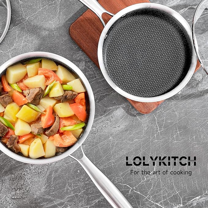 LOLYKITCH 1.5 QT Hybrid Tri-Ply Stainless Steel Non-Stick Saucepan with Lid,Induction Sauce Pot,Dishwasher and Oven Safe.