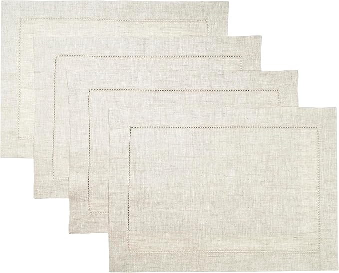D'Moksha Homes Light Natural Linen Cloth Placemats Set of 4-100% Pure Linen Hemstitch Placemats 14 x 19 Inch - Classic Hemstitch Table Place Mats for Christmas - Handcrafted, Machine Washable