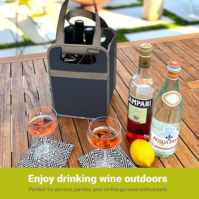 meori Foldable 4 Bottle Wine Tote Marine Blue Organize Crate Glass Dividers Stylish Travel Storage Box Liquor Spirits Tastings Grocery Shopping Hostess Gift (A100814)