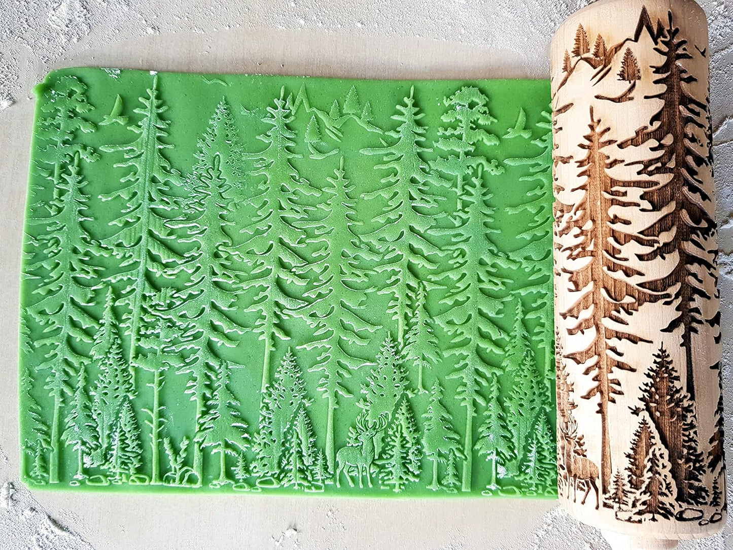 FOREST embossing rolling pin. Engraved wooden embossed dough roller for embossed cookies or clay by Algis Crafts