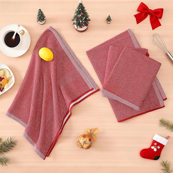 Homaxy Premium Kitchen Towels(18”x 28”, 12 Pack), Large Cotton Kitchen Hand Towels, Flat and Terry Dish Towels, 380 GSM Highly Absorbent Tea Towel Set with Hanging Loop, Red
