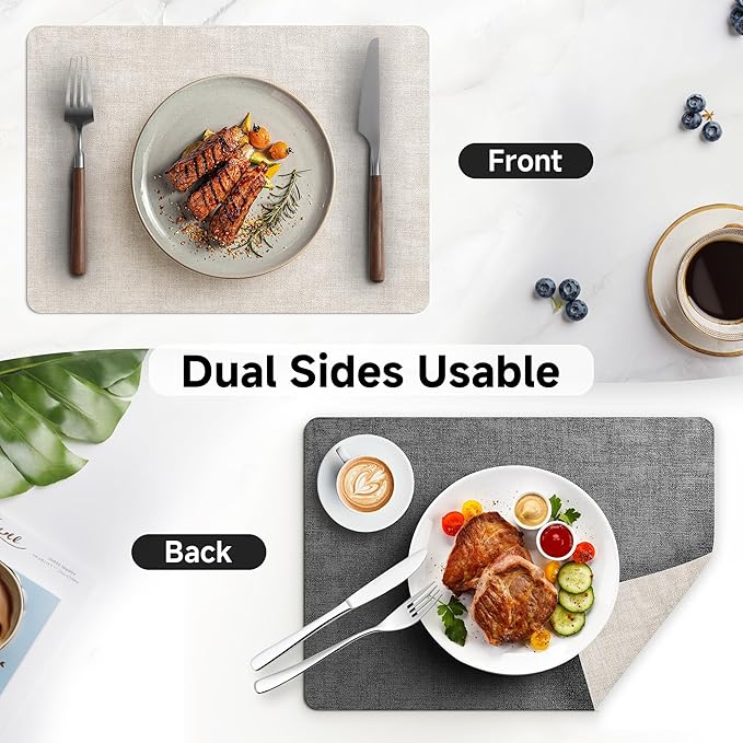 Faux Leather Vinyl Placemats Set of 4 Wipeable Heat Resistant Place Mats 100% Washable - Waterproof - Anti Slip Reversible Table Mats for Kitchen/Dining/Party/Outdoor, 12" x 16.5", Beige & Black