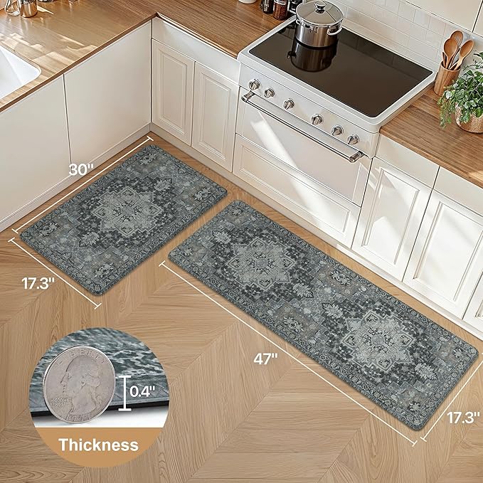 GENIMO Kitchen Mats for Floor 2PCs, Washable Anti Fatigue Mat for Cushioned, 17.3"x47"+17.3"x30", Waterproof Kitchen Rugs, Non Slip Comfort Standing Mat Rug for Home, Sink, Laundry, Dark Gray