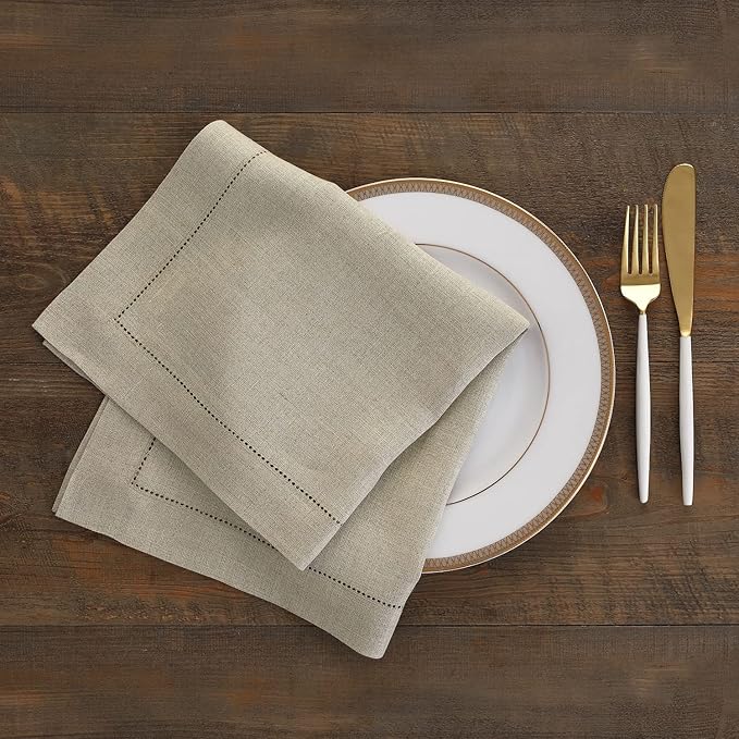 Solino Home Natural Linen Napkins Set of 6-100% Pure Linen Hemstitch Dinner Napkins 20 x 20 Inch for Fall, Autumn, Thanksgiving, Christmas, Holiday - Classic Hemstitch
