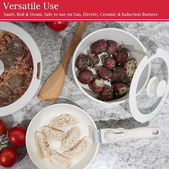 8-Piece Pots and Pans Set - Nonstick Cookware Set with Detachable Handle, Lids, Spatula, and Steam Pan - Kitchen Essentials by Home-Complete (Cream)