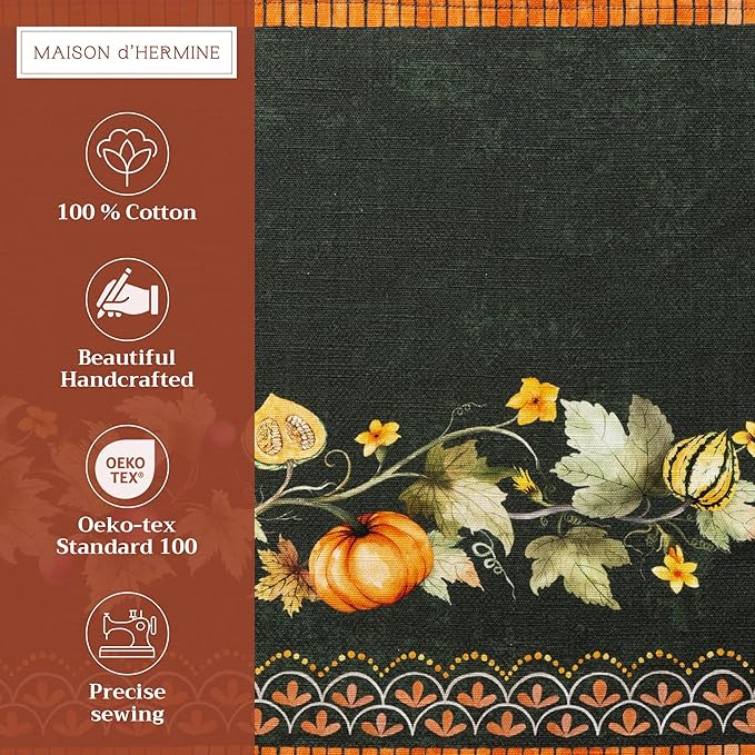 Maison d' Hermine Placemats Set of 4 100% Cotton Washable Cloth Place Mats, Reusable Table Mats for Thanksgiving Christmas Decorations Kitchen Dining Party (Pumpkin Garden - Dark Green, 13" x 19")