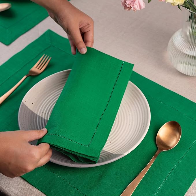 D'Moksha Homes Linen Dinner Napkins 20 x 20 Inch - 100% Pure Linen Kelly Green Napkins Set of 4 - Classic Hemstitch - Washable Kelly Green Cloth Napkins for Summer