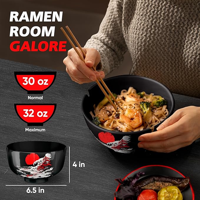 Japanese Ramen Bowl Set of 2-20 Pcs, 32 Oz Ceramic Microwaveable & Dishwasher Safe Large Noodle Bowls with Lid & Built-In Chopstick Holder, Pho, Udon, Thai, Korean, Rice - 6.5 Inch