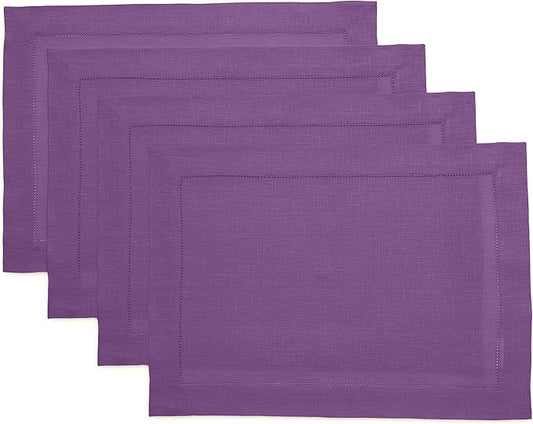 Solino Home Linen Placemats Set of 4 - Classic Hemstitch Purple Placemats 14 x 19 Inch - 100% Pure Linen Table Mats for Fall, Autumn, Winter, Thanksgiving, Holiday, Christmas
