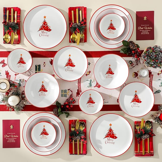 MALACASA Plates and Bowls Sets, 24 Pieces Christmas Porcelain Dinnerware Set for 8, Ceramic Dishware Dishes Kitchen Dining Ware Set, Microwave and Dishwasher Safe, Series LUNA-Christmas Tree