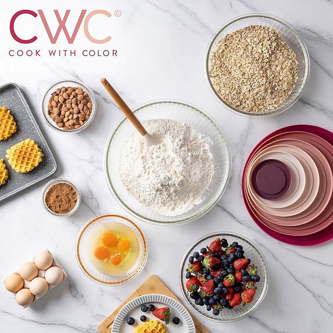 COOK WITH COLOR 12 Pc Glass Mixing Bowl Set with Lids – Borosilicate Glass Nesting Bowls for Cooking, Baking and Meal Prep, Fluted Rose