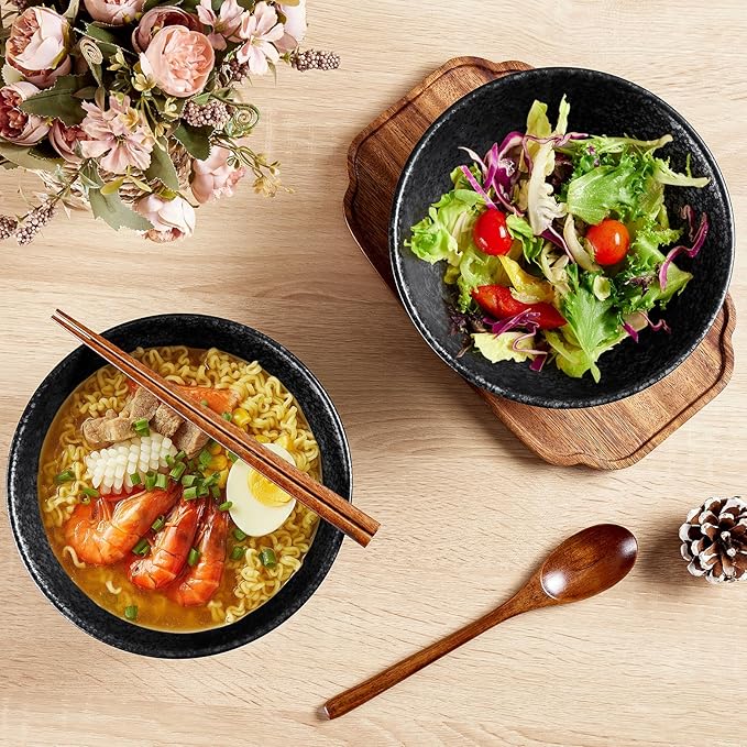 2 x 40 OZ ceramic ramen bowls, 8 IN large Japanese noodle soup bowl, match chopsticks and spoons, suitable for Pho, Udon Asian noodles (Black color 2 set)