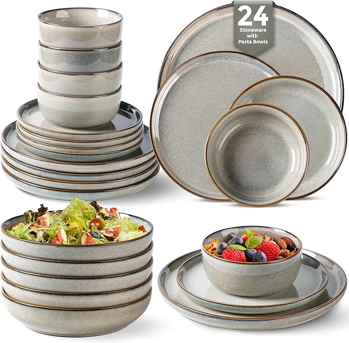 GBHOME 24 Pieces Double Bowls Ceramic Dinnerware Sets for 6, Stoneware Plates and Bowls Set with Reactive Glaze, Scratch Resistant Stoneware Dishes Set, Dishwasher & Microwave Safe