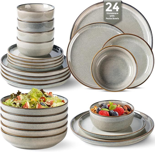 GBHOME 24 Pieces Double Bowls Ceramic Dinnerware Sets for 6, Stoneware Plates and Bowls Set with Reactive Glaze, Scratch Resistant Stoneware Dishes Set, Dishwasher & Microwave Safe