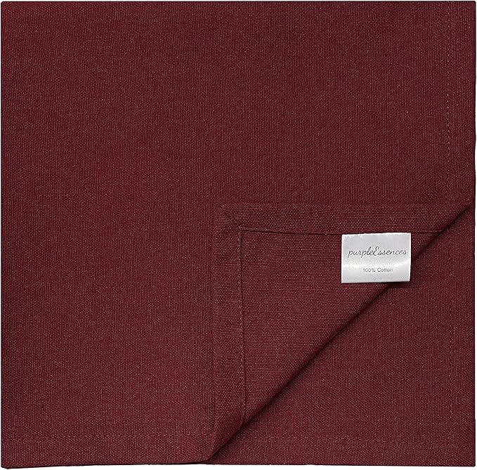 PurpleEssences Set of 12 Cloth Dinner Napkins 100% Cotton 18x18 Inch - Soft Durable Washable - Ideal for Farmhouse Party Fall Thanksgiving - Perfect Everyday Use Table Linen - Burgundy