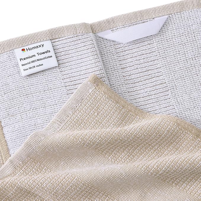 Homaxy Premium Kitchen Towels(18”x 28”, 12 Pack), Large Cotton Kitchen Hand Towels, Flat and Terry Dish Towels, 380 GSM Highly Absorbent Tea Towel Set with Hanging Loop, Khaki