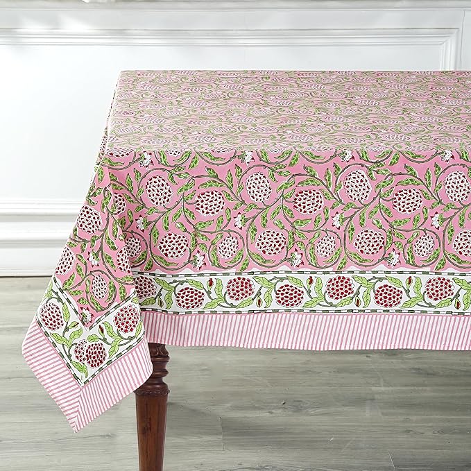 Ridhi Strawberry Pink Hand Block Print Cotton Rectangle Tablecloth 120 x 60 inch-Reusable Table Cover Decorative Everyday Use for Dining Room, Farmhouse, Thanksgiving, Christmas Wedding, Fall