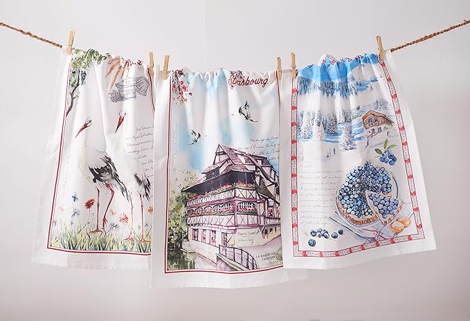 Maison d' Hermine Kitchen Towels Set of 3 100% Cotton 27.50" x 20" Reusable Cloth Tea Dish Towels Absorbent with Hanging Loop for Kitchen, Home, Dining, Cocktail Parties Spring/Summer (Mulhouse)
