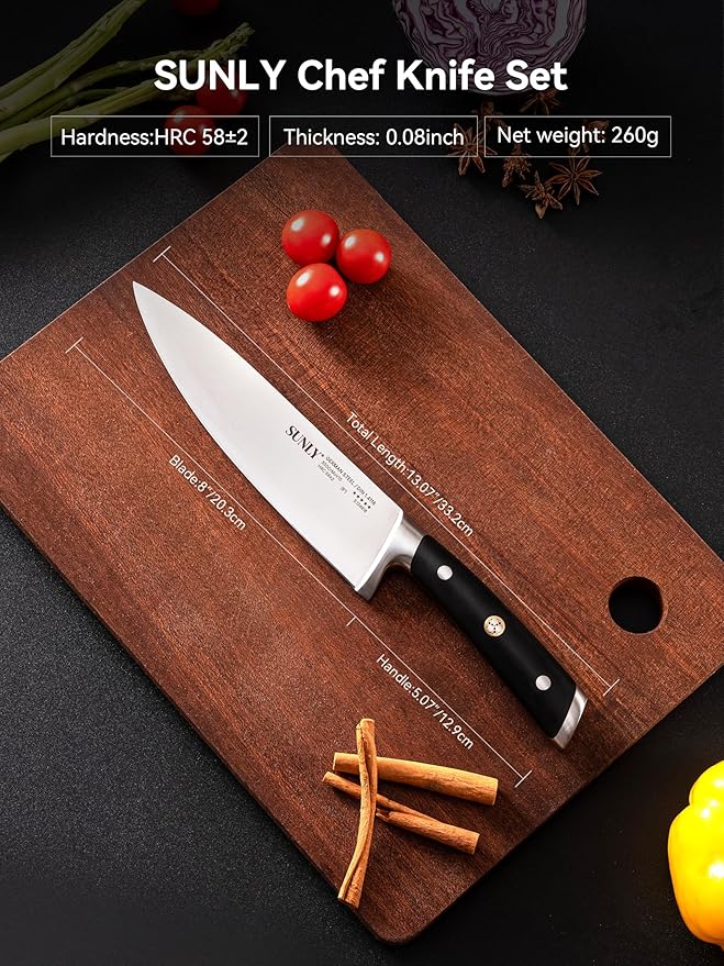 SUNLY 8 Inch Chef Knife, Professional Kitchen Knife Made of German High Carbon Stainless Steel, 58±2 HRC, Ultra Sharp Cooking Knife with Ergonomic ABS Handle, DIN 1.4116 for Home & Restaurant