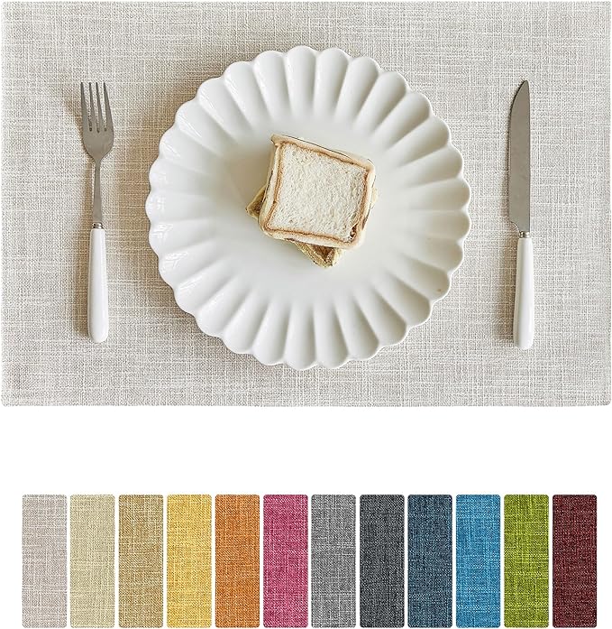 Softalker Faux Linen Placemats Set of 6-12 x 18 Inch, Heat Resistant Double Layered Durable Burlap Farmhouse Place Mats, Non-Slip Washable Rustic Table Mats for Dining, Kitchen, Party（Cream