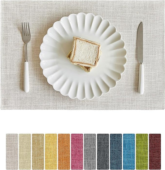 Softalker Faux Linen Placemats Set of 6-12 x 18 Inch, Heat Resistant Double Layered Durable Burlap Farmhouse Place Mats, Non-Slip Washable Rustic Table Mats for Dining, Kitchen, Party（Cream