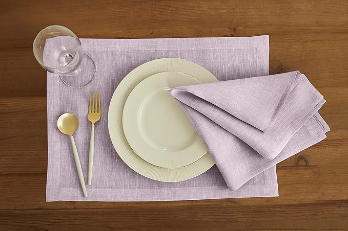 Solino Home Linen Placemats Set of 4-100% Pure Linen Chambray Lavender Cloth Placemats 14 x 19 Inch for Thanksgiving, Holiday - Athena