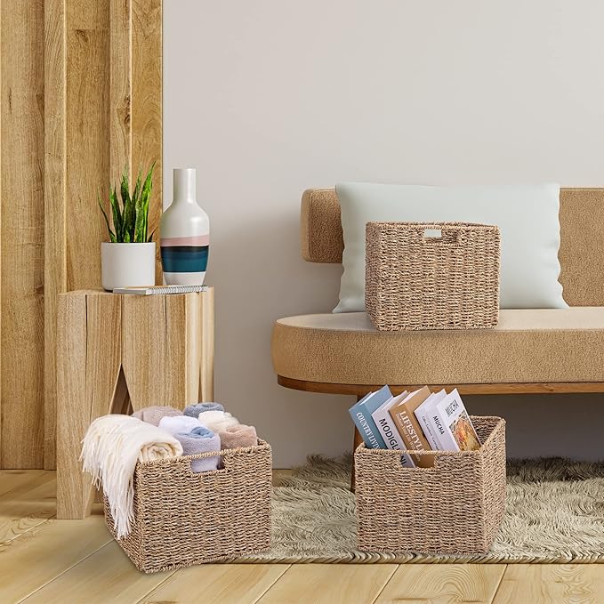 Seagrass Storage Baskets, 12X12X10in Cube Wicker Storage Basket for Shelves, Pantry Baskets Organization and Storage, Kitchen Storage Baskets, Bathroom Shelves Storage Basket Set of 3