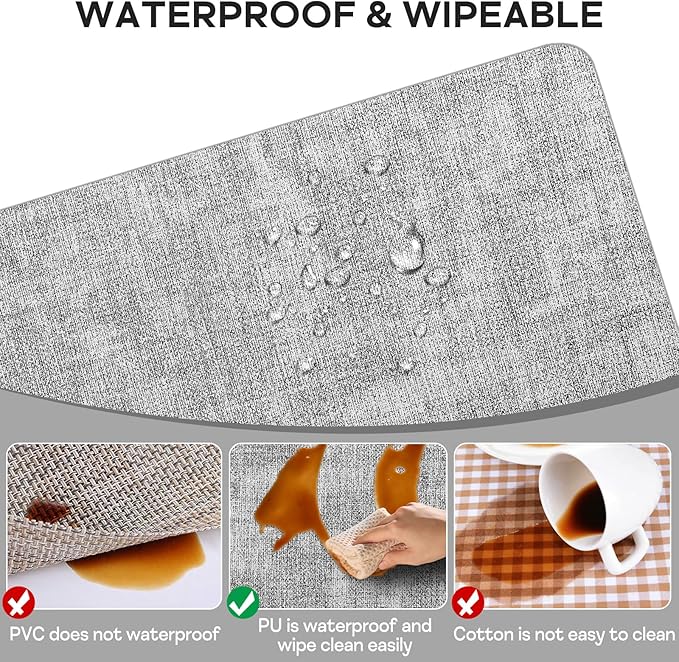 Vinly Placemats Set of 6 - Waterproof Wipeable Faux Leather Table Place Mats Heat Resistant Anti Slip Table Mats for Dining, Indoor, Outdoor, 15.8" x 11.8" (Light Grey)