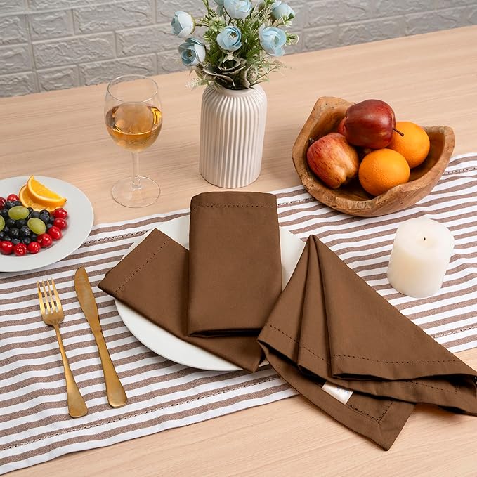 Blue Needles Set of 6 Hemstitch Linen Napkins 100% Cotton Nut Brown Cloth Dinner Napkins 18x18 inches, Soft, Reusable, Absorbent, Washable, Ideal for Fall Thanksgiving Events, Parties & Everyday Use